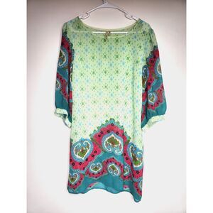 Sheer Boho Print Dress Green Blue Red Paisley Tunic Style -L- Retro Ethnic Flowy